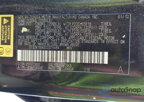 2012 Lexus Rx 350 from USA, damaged, VIN 2T2ZK1BAXCC075484